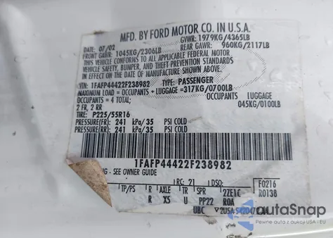 2002 Ford Mustang из США, поврежденный, VIN 1FAFP44422F238982